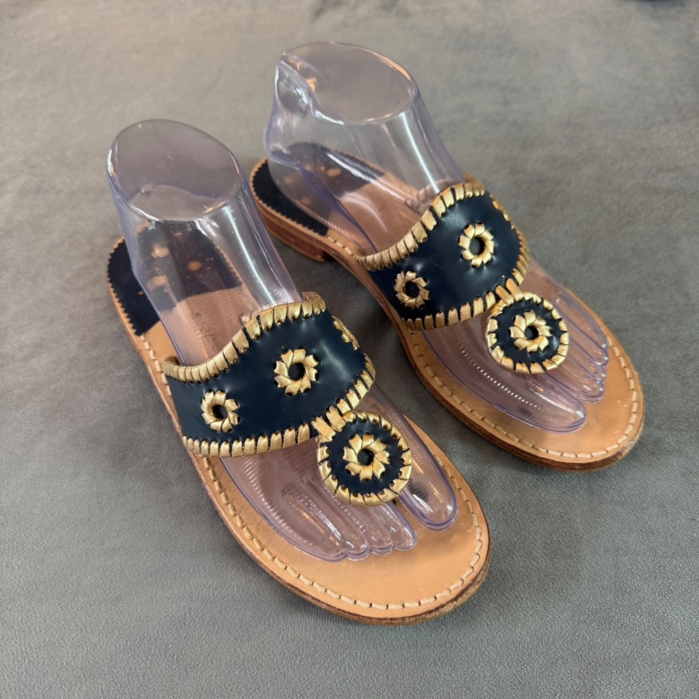 Jack Rogers Womens Sandals Navy Blue Gold Whipstitch Leather Preppy Classic